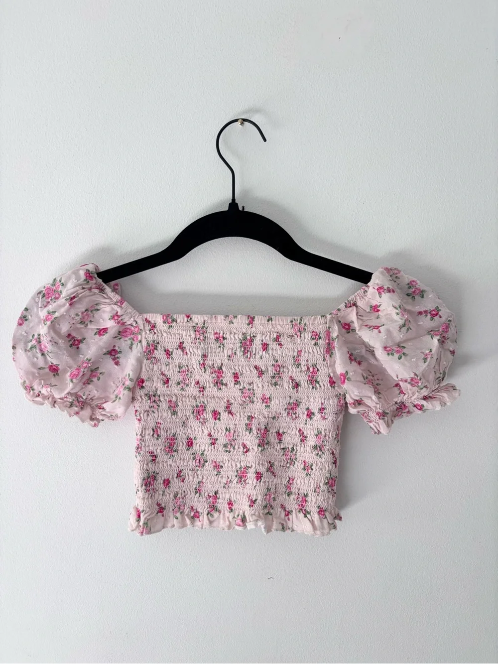 KatieJ NYC floral smocked crop top puff shirt girls small cream pink
